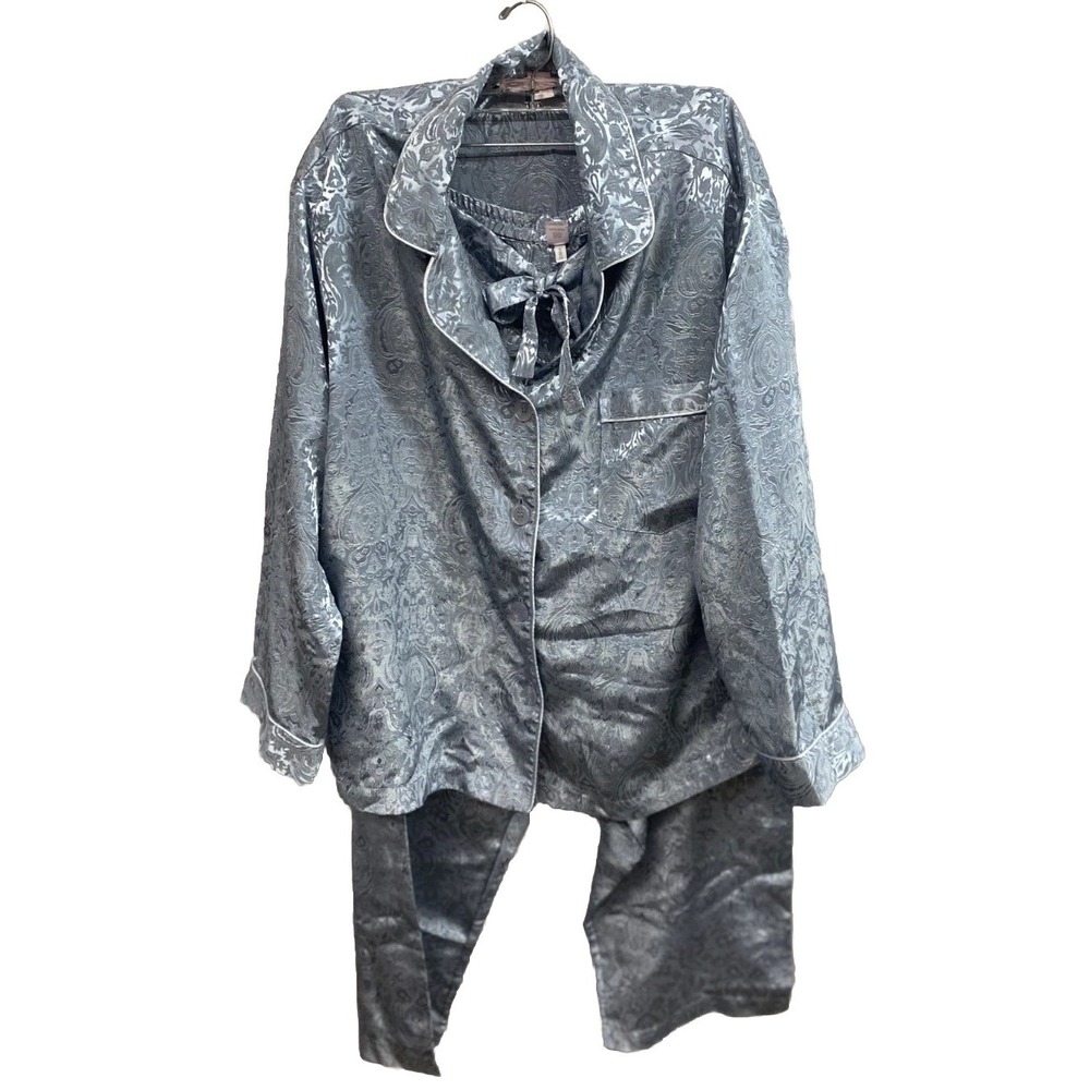 Victoria's Secret Satin Pajama Set Womens Gray Paisley Sleepwear Button Medium